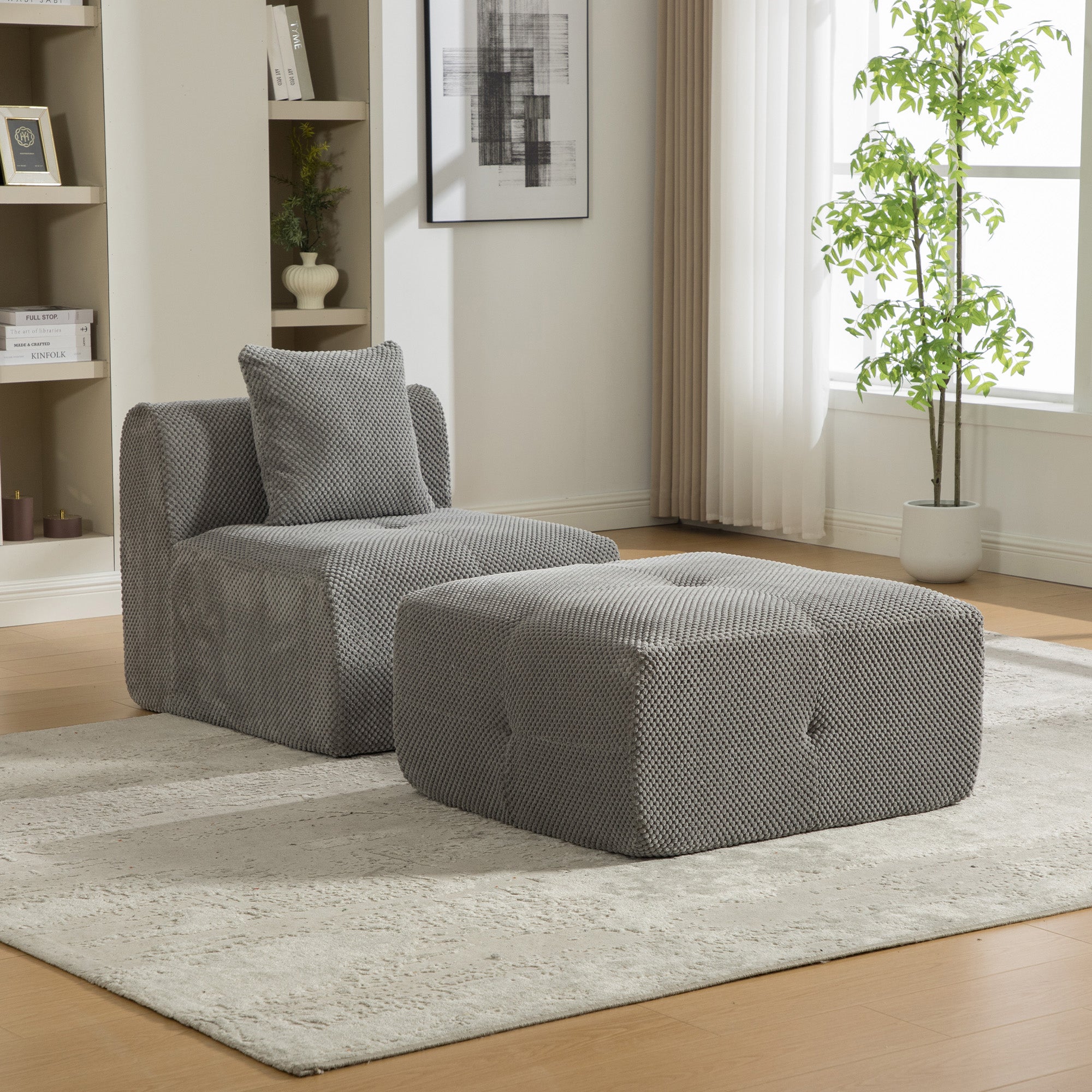 Modułowa sofa kompresyjna wykonana z tkaniny szenilowej wypełniona pianką wysokoelastyczną 30D. Łatwy do przenoszenia i z antypoślizgową podstawą