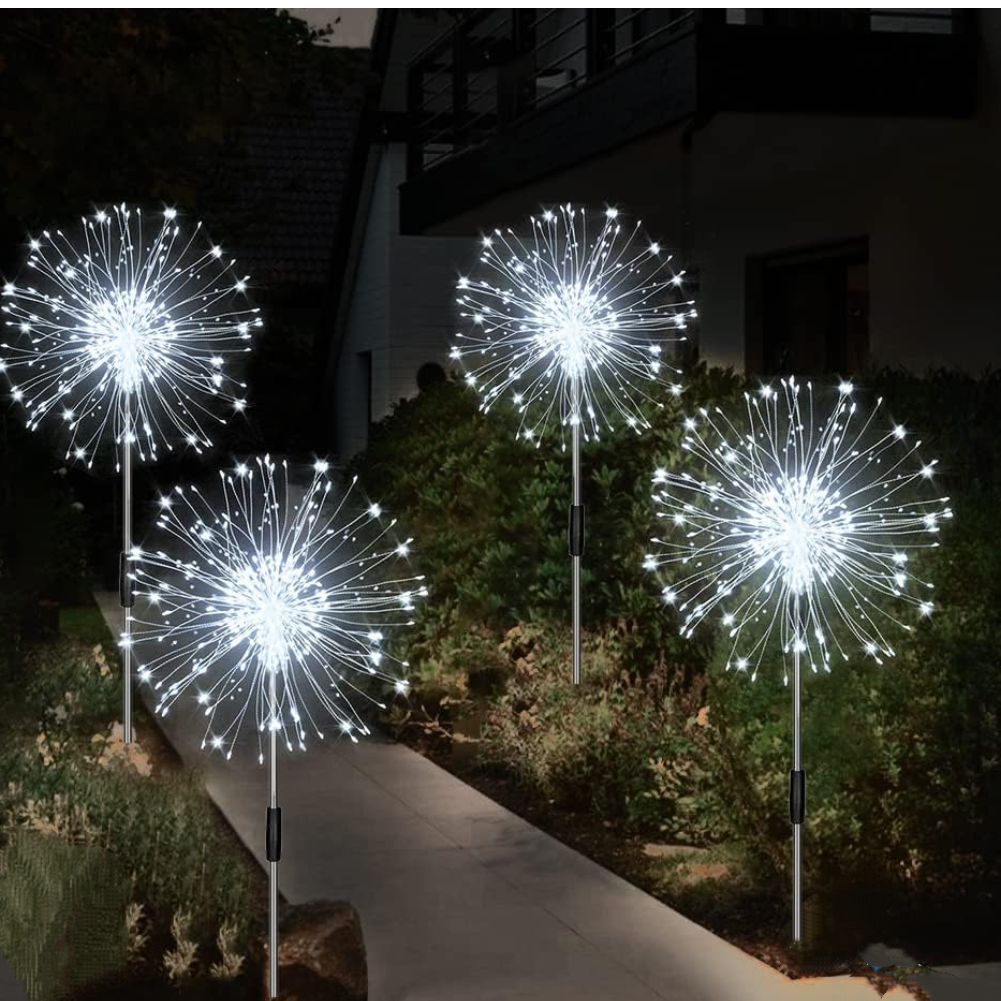 Lampy solarne, oświetlenie ogrodowe, 4 sztuki, 120 diod LED, wodoodporne, solarne fajerwerki – chłodne białe światło