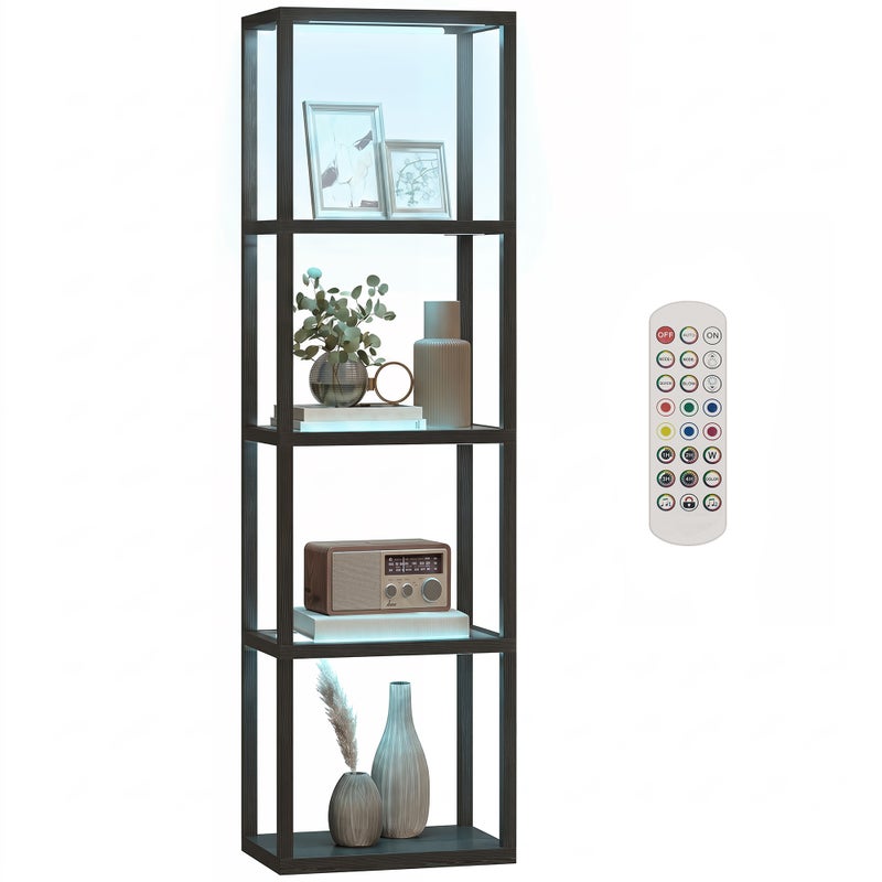 Lampa podłogowa RGB ze szklanymi półkami, lampa podłogowa LED 4-poziomowa z pilotem, synchronizacja z muzyką, czarna