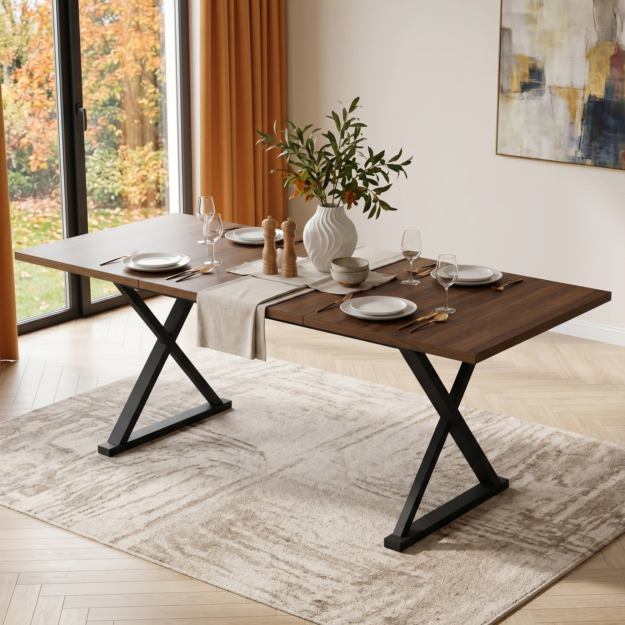 Stół jadalny dla 6-8 osób - 180 x 90 x 75 cm - Płyta MDF i metalowe nogi w kształcie litery X - Nowoczesny design do kuchni lub jadalni - Orzech