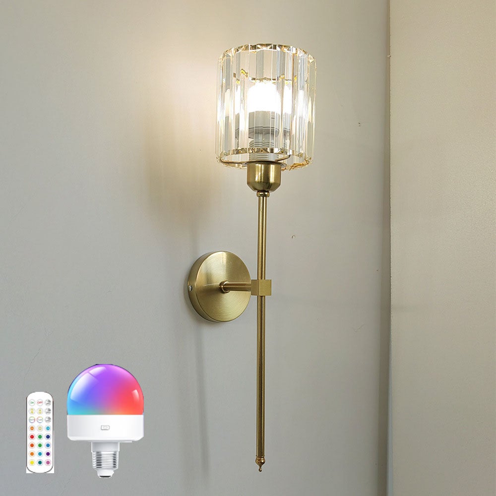 1 lampa ścienna z przezroczystego złotego kryształu z pilotem, z żarówką akumulatorową RGBCW, odpowiednia do sypialni, łazienki itp.