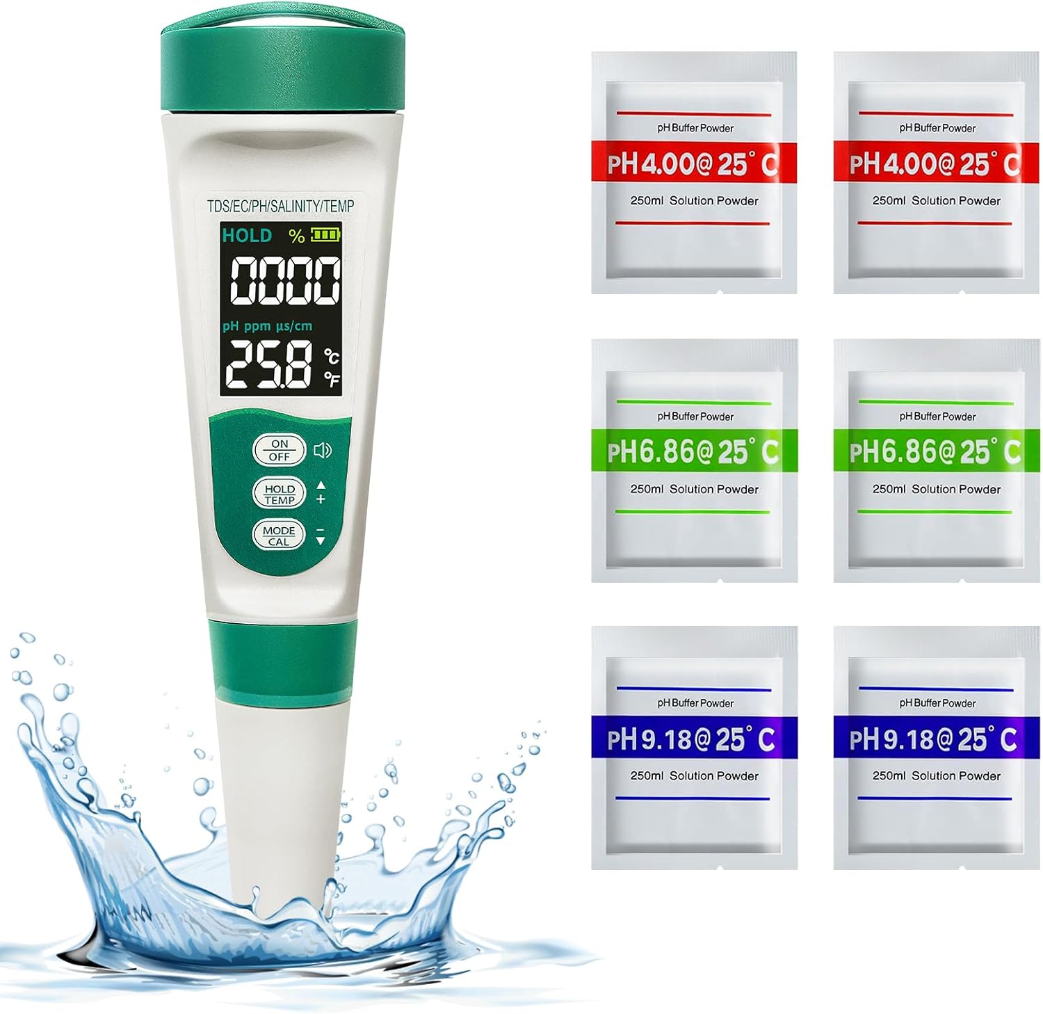 Elektroniczny miernik pH, zestaw do testowania basenu 5 w 1, tester pH/TDS/EC/zasolenia/temperatury, podświetlany wyświetlacz VA, tester soli basenowe