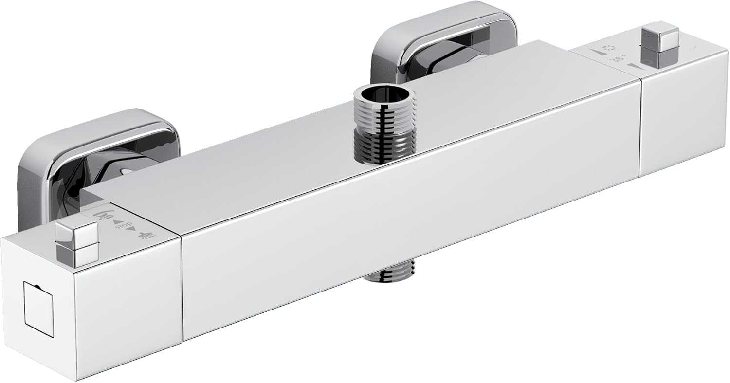Bateria prysznicowa termostatyczna z 2 wyjściami – wyjście górne 3/4" BSP i wyjście dolne 1/2" BSP – kształt kwadratowy, mosiądz, wykończeni