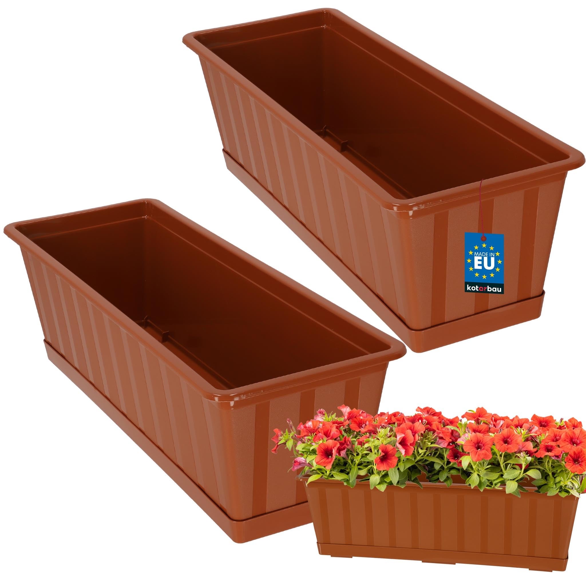 2 szt. Doniczka - Skrzynka Balkonowa - 50 x 18 x 14 cm - Skrzynia na Balustradę Balkon - Donica z Podstawką - Terakota KOTARBAU