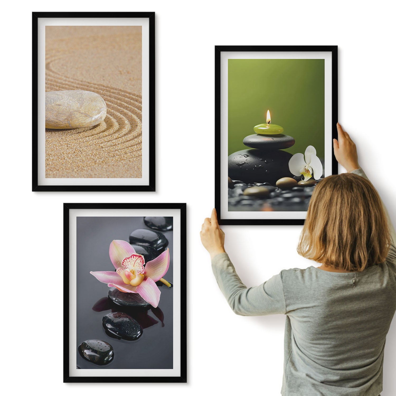 Galeria ścienna 3-częściowy komplet obrazów w czarnych ramach - Relaksujące motywy kamieni spokój i zen - ArtPrintCave