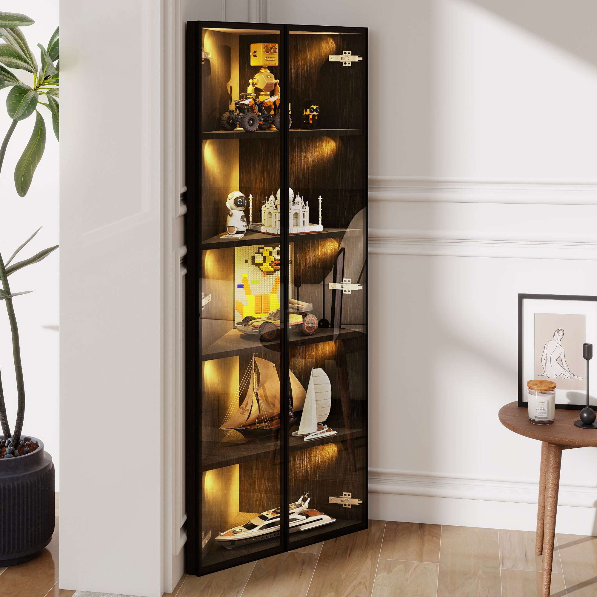 Witryna LED szklana 62x35x160 cm z wbudowanym oświetleniem, szkło hartowane, eleganckie półki do salonu, biura lub kolekcji