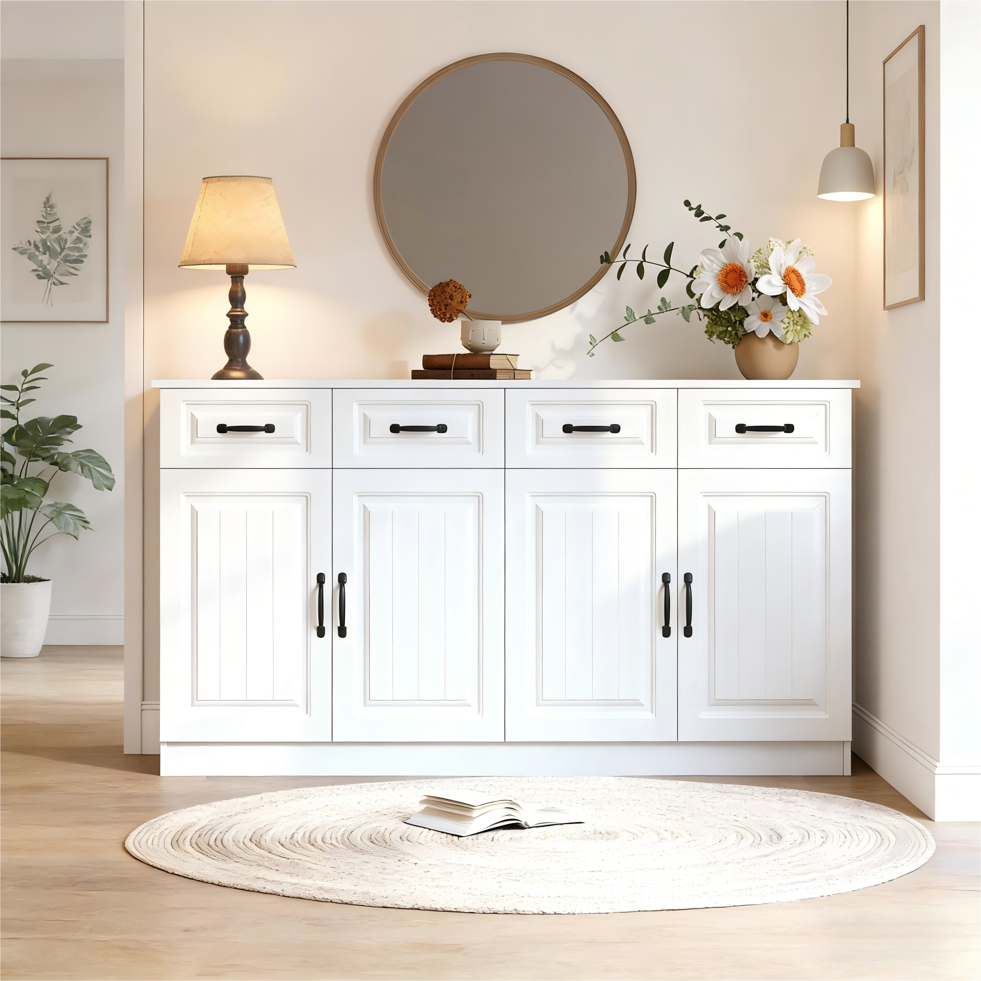 Komoda niska z 4 drzwiami i 4 szufladami - 80 x 35 x 160 cm - płyta MDF, front o wyglądzie laminatu ryflowanego, regulowane półki - biała