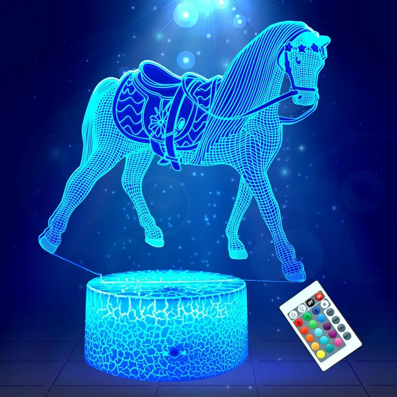 Lampka nocna 3D w kształcie konia dla dzieci, lampa iluzoryczna ze zmianą 16 kolorów z pilotem, prezent urodzinowy dla dzieci