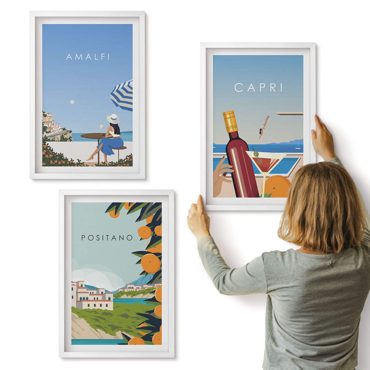 Galeria ścienna 3-częściowy komplet obrazów w białych ramach - Wakacyjne widoki Amalfi Positano i Capri - ArtPrintCave