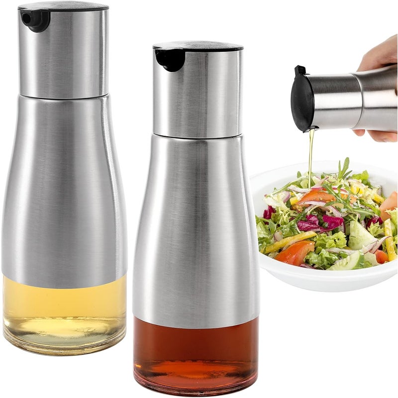 Zestaw 2 srebrnych dozowników do oliwy i octu, 320 ml, z łatwym w nalewaniu, niekapiącym dzióbkiem, elegancka stal nierdzewna ze szklaną podstawą, 320