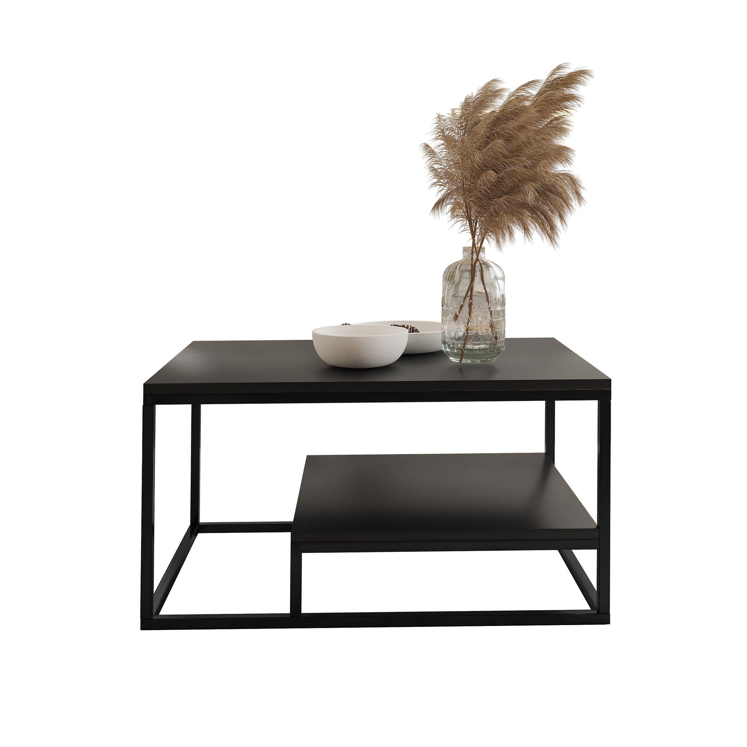 Czarny Stolik Kawowy z Półką BALANCE 90x60cm Nowoczesna Ława Loft na Metalowym Stelażu do Salonu