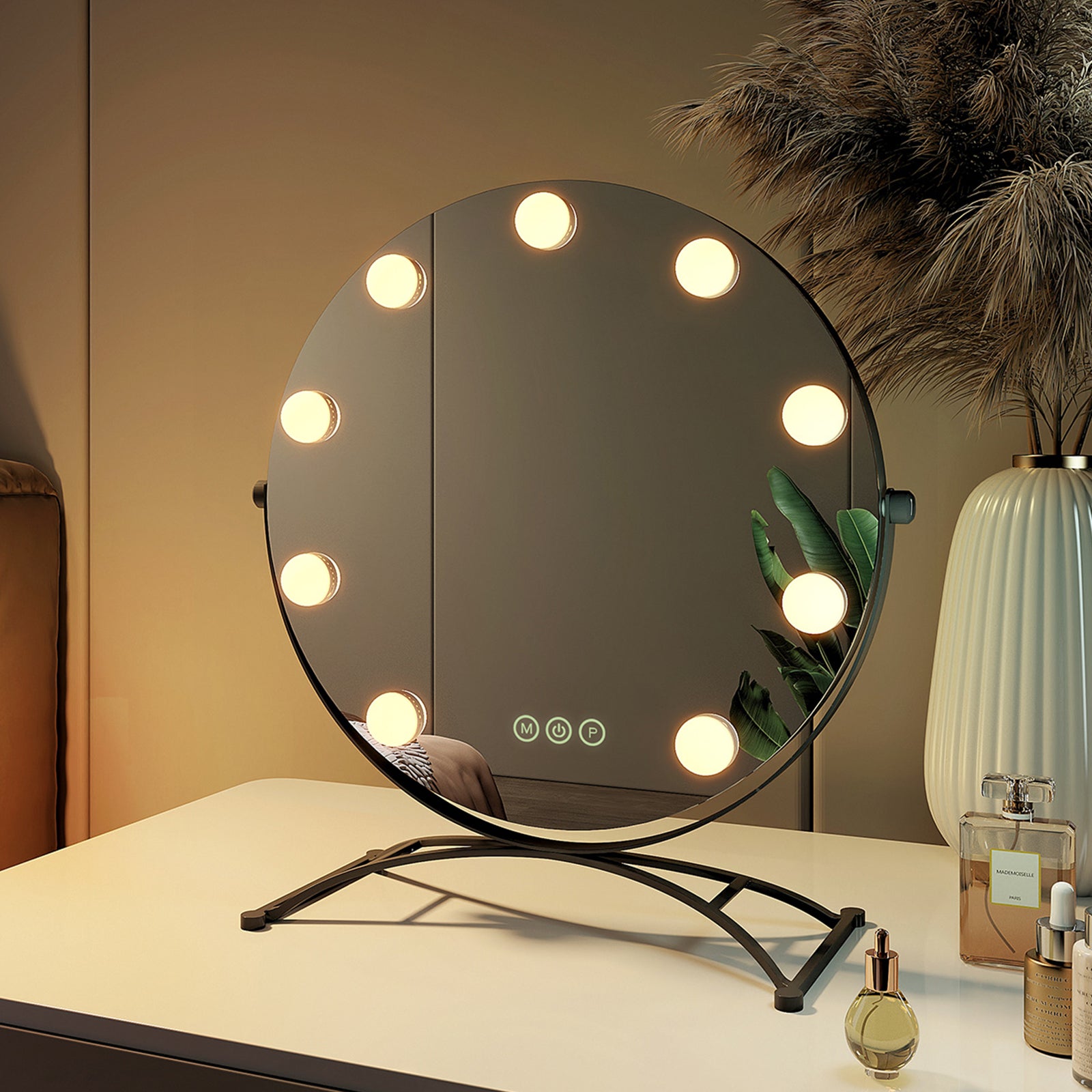 EMKE Lustro do makijażu z 9 LED, 3 kolory światła, powiększenie 7x, obracane o 360°, czarne, 47x40x16 cm