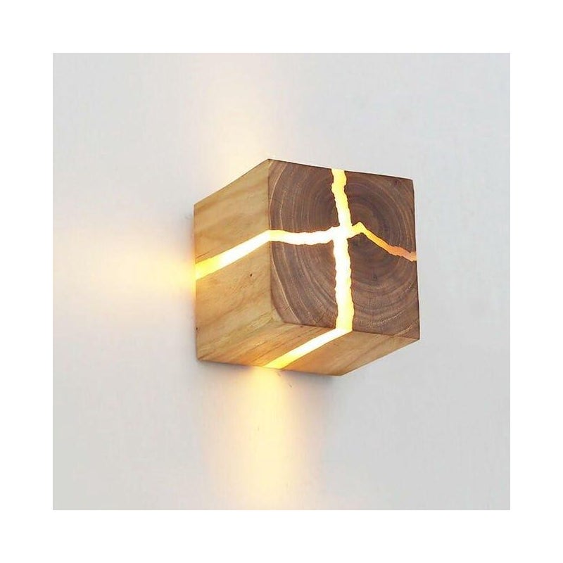 Kinkiet ścienny 8 cm z naturalnego spękanego drewna, oryginalny design, prosta, kreatywna, kwadratowa lampa ścienna, lampka nocna 5 W