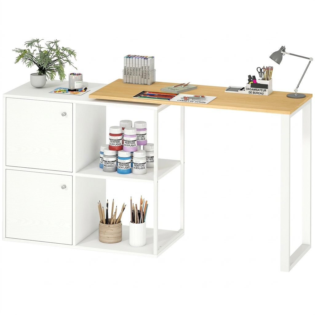 Biurko narożne w kształcie litery L obracane o 360° z 2 szafkami i 2 półkami do małych przestrzeni, 150x40x75 cm, Białe