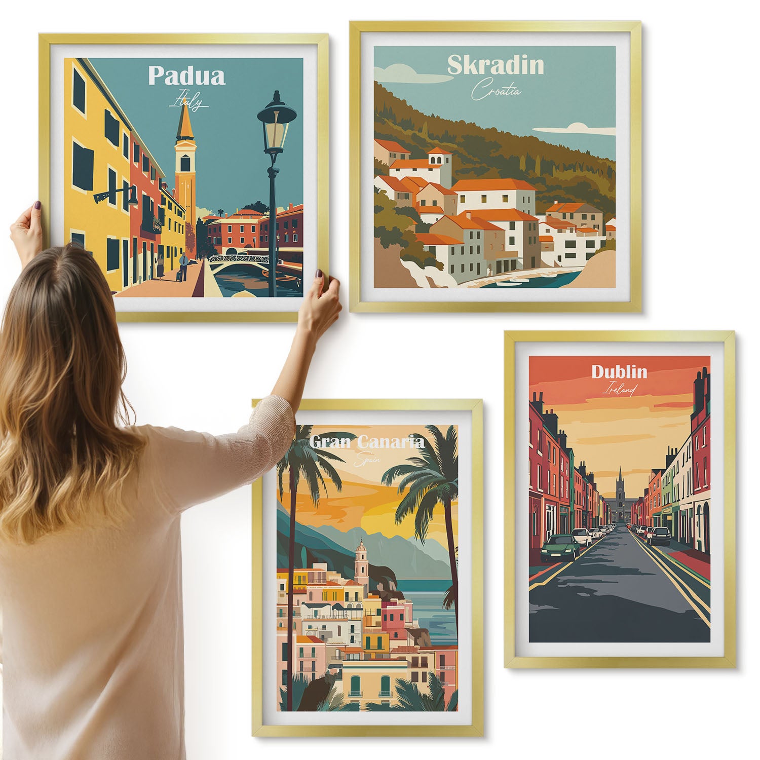 Galeria ścienna 4-częściowy komplet obrazów w złotych ramach - Krajobrazy miast i natury w ciepłych kolorach - ArtPrintCave
