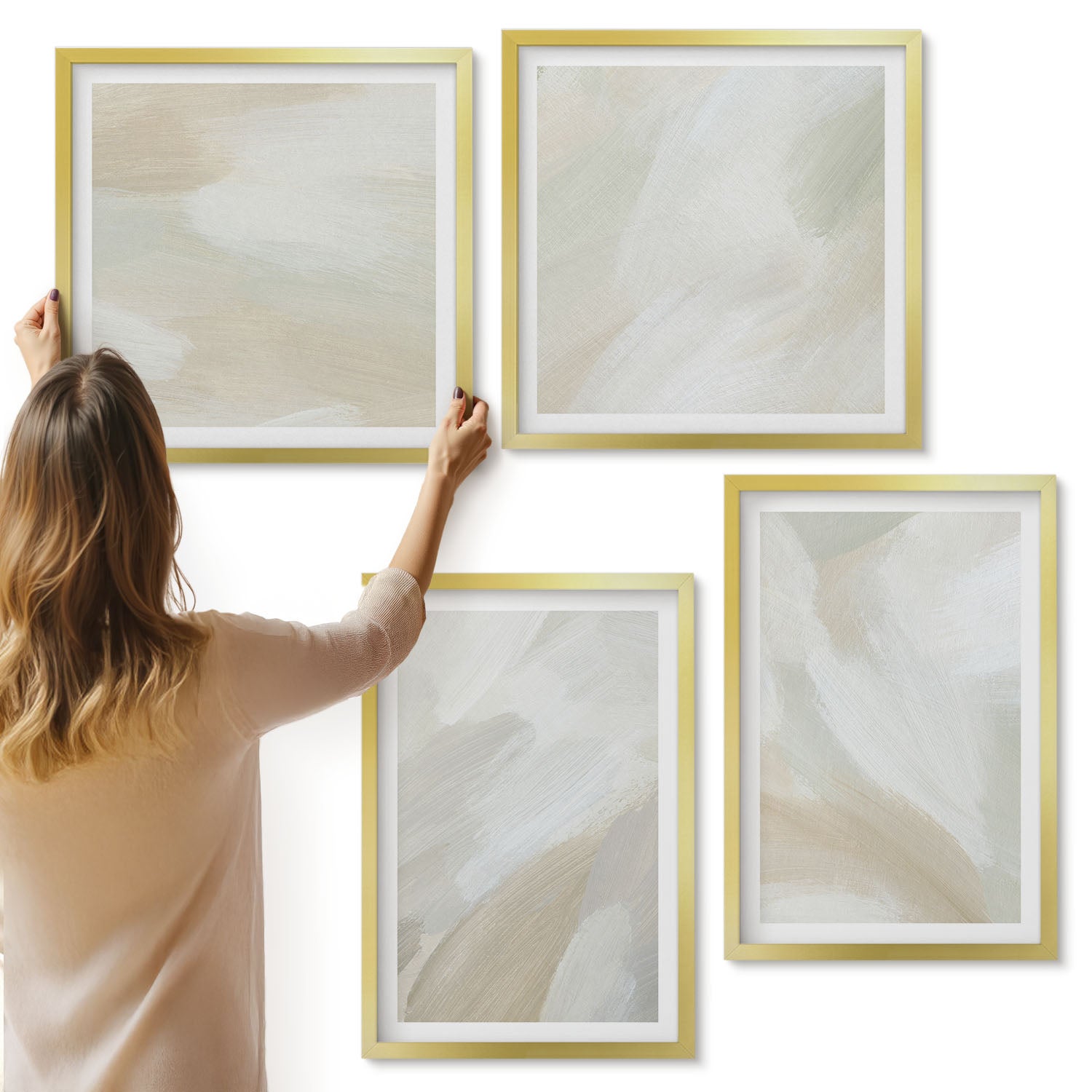 Galeria ścienna 4-częściowy komplet obrazów w złotych ramach - Pociągnięcia pędzlem abstrakcja farb na płótnie - ArtPrintCave