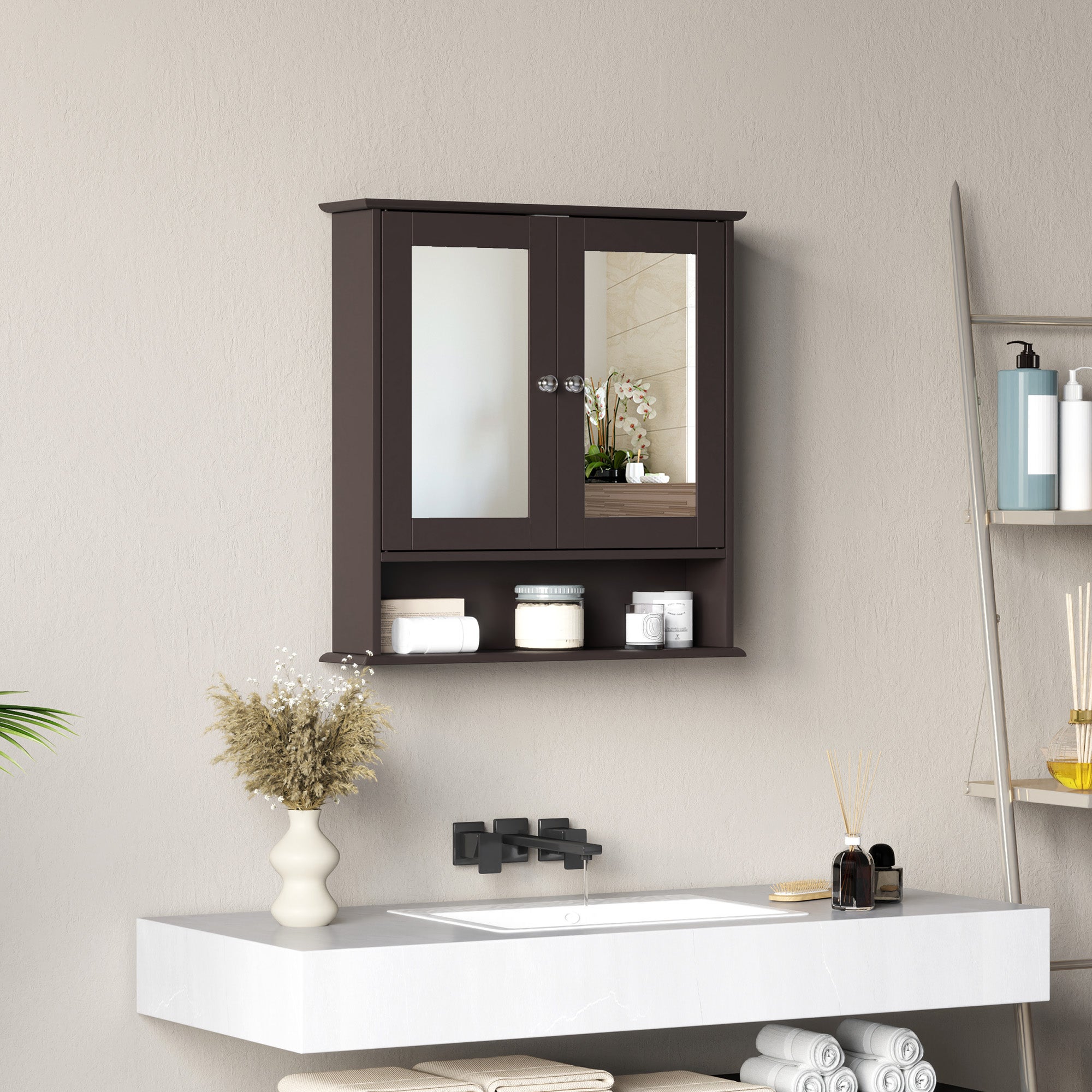 Szafka łazienkowa z lustrem wisząca na ścianę 2 drzwi z regulowaną i otwartą półką do przechowywania 56x13x58cm ciemnobrązowa