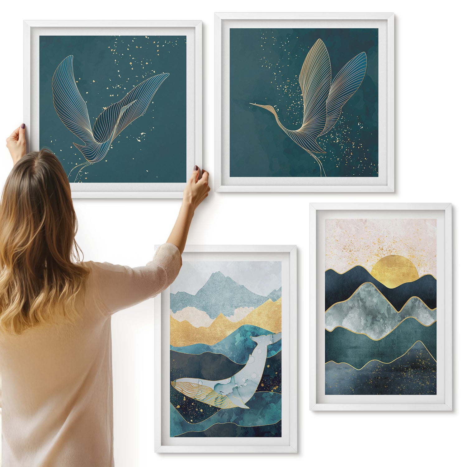 Galeria ścienna 4-częściowy komplet obrazów w białych ramach - Abstrakcyjne pejzaże górskie lecące żurawie - ArtPrintCave