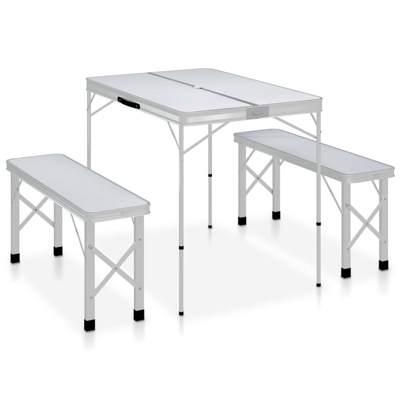 Składany stolik turystyczny z 2 ławkami, aluminium, biały vidaXL