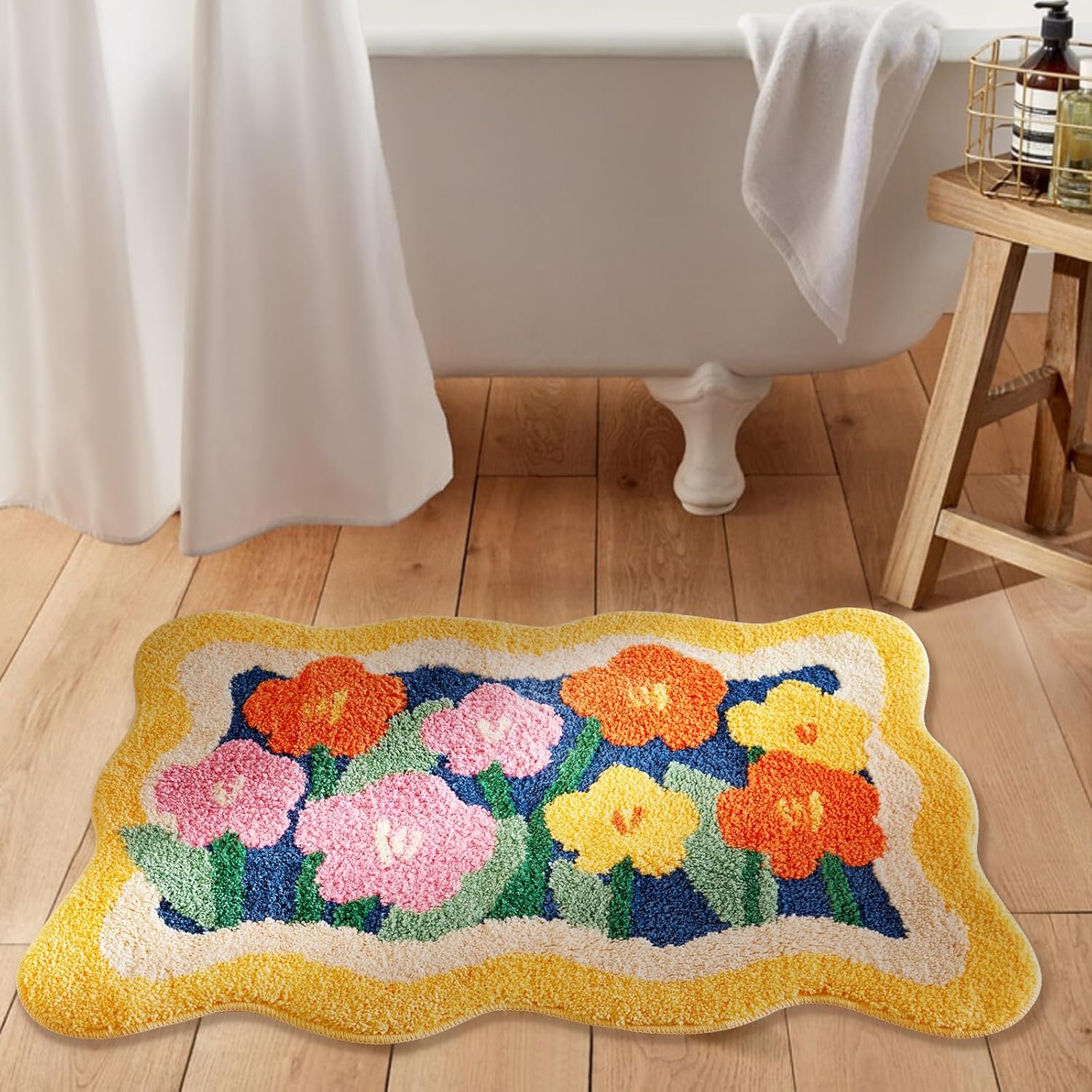 Dywanik łazienkowy Bohemian z długim włosiem, 40 cm szerokości x 60 cm długości, antypoślizgowy, zmywalny, z kolorowym wzorem kwiatowym, chłonny