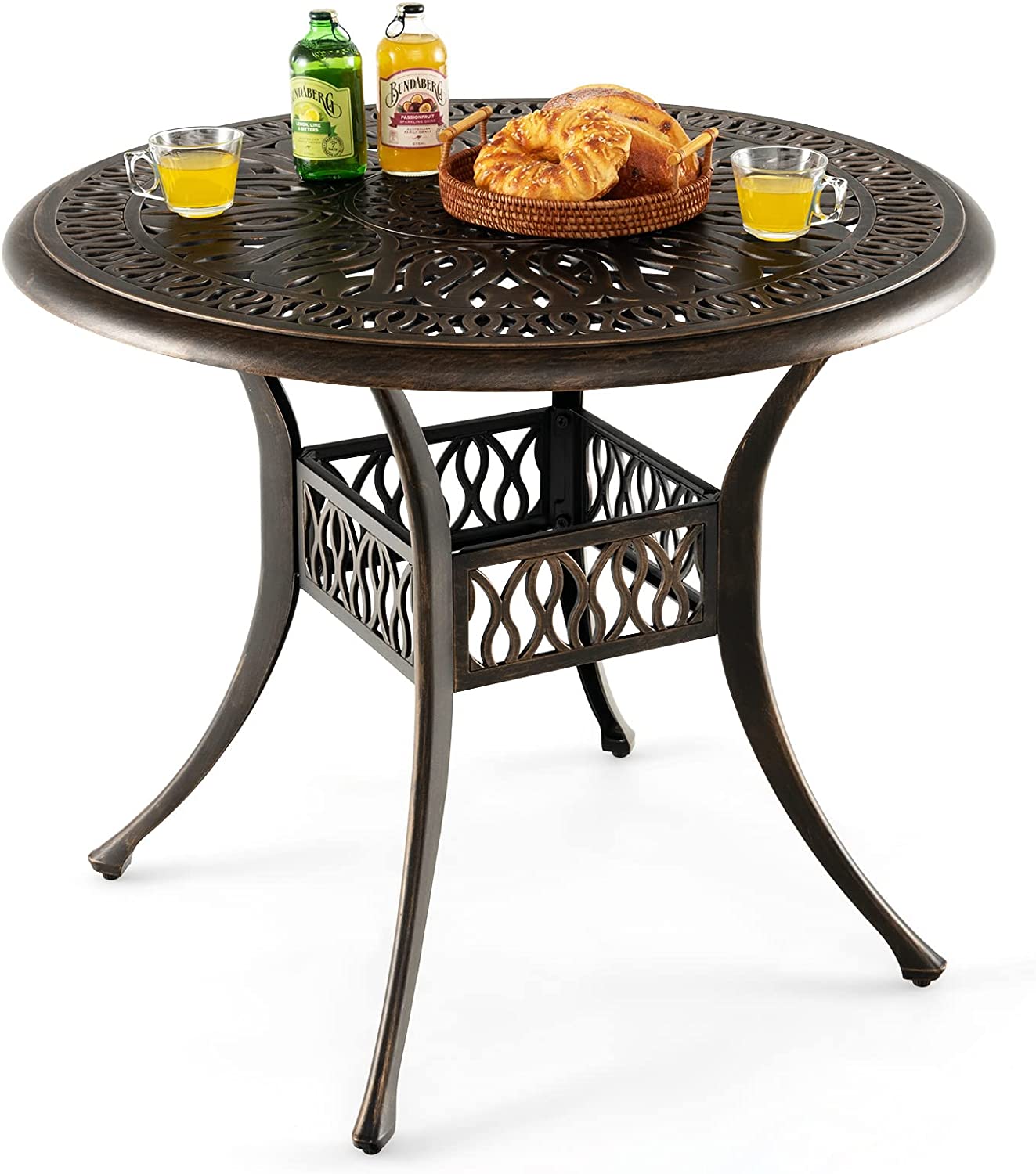 Stół ogrodowy z otworem na parasol, okrągły stół balkonowy z odlewu aluminiowego, odporny na warunki atmosferyczne, antyczny wygląd, 90 x 90 x 74 cm