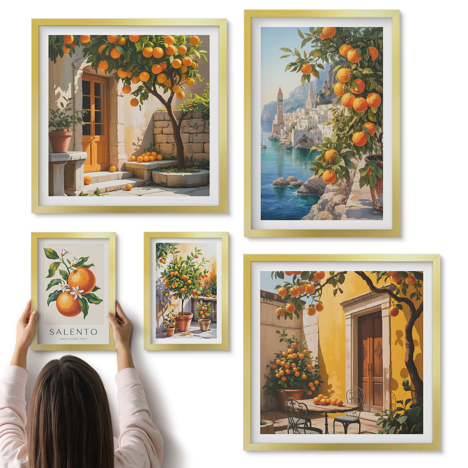 Galeria ścienna 5-częściowy komplet obrazów w złotych ramach - Klimatyczne widoki z owocowymi akcentami na ścianę - ArtPrintCave