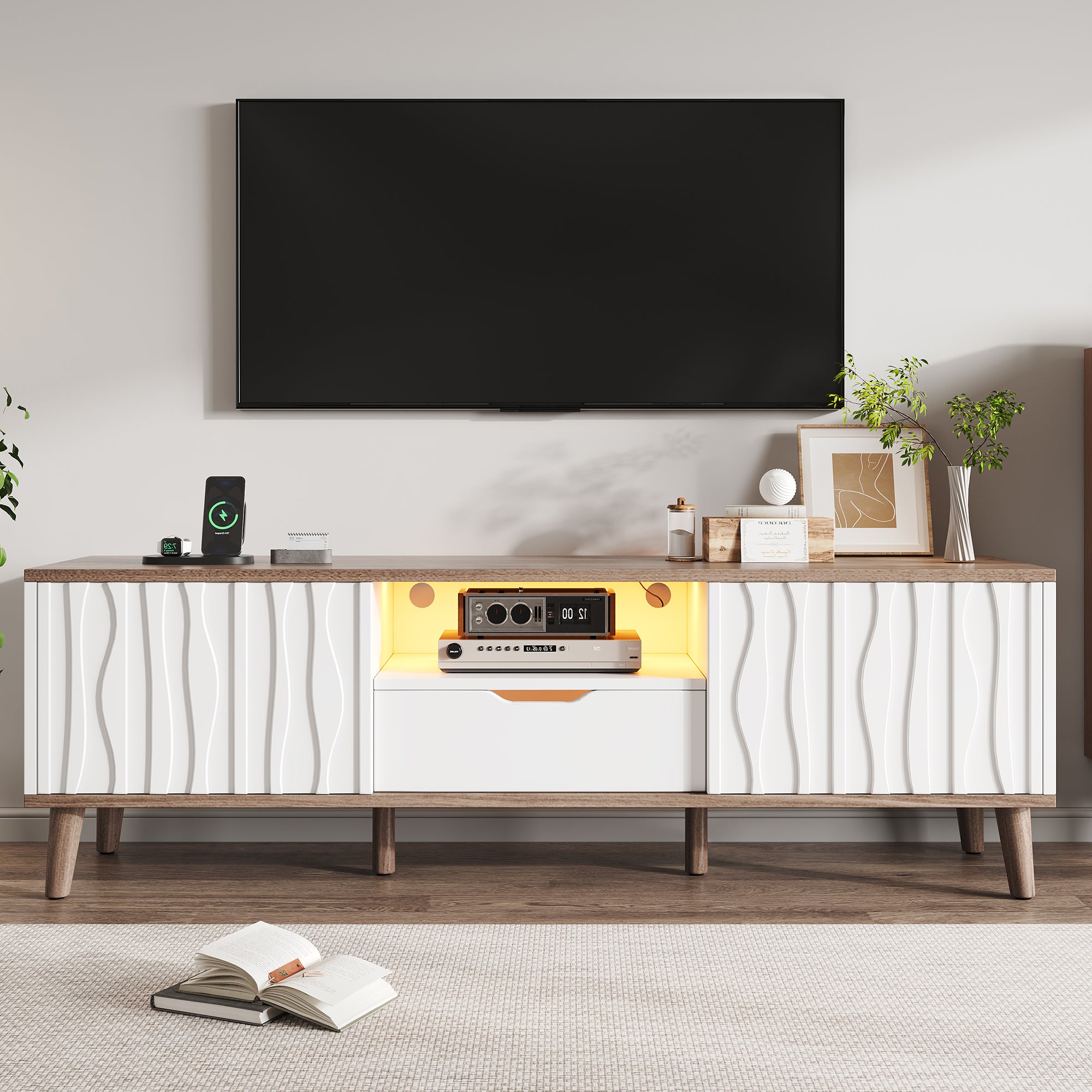 Szafka TV LED, multimedialna konsola TV z miejscem do przechowywania, nowoczesna szafka TV z przesuwanymi drzwiami na telewizor do 70"