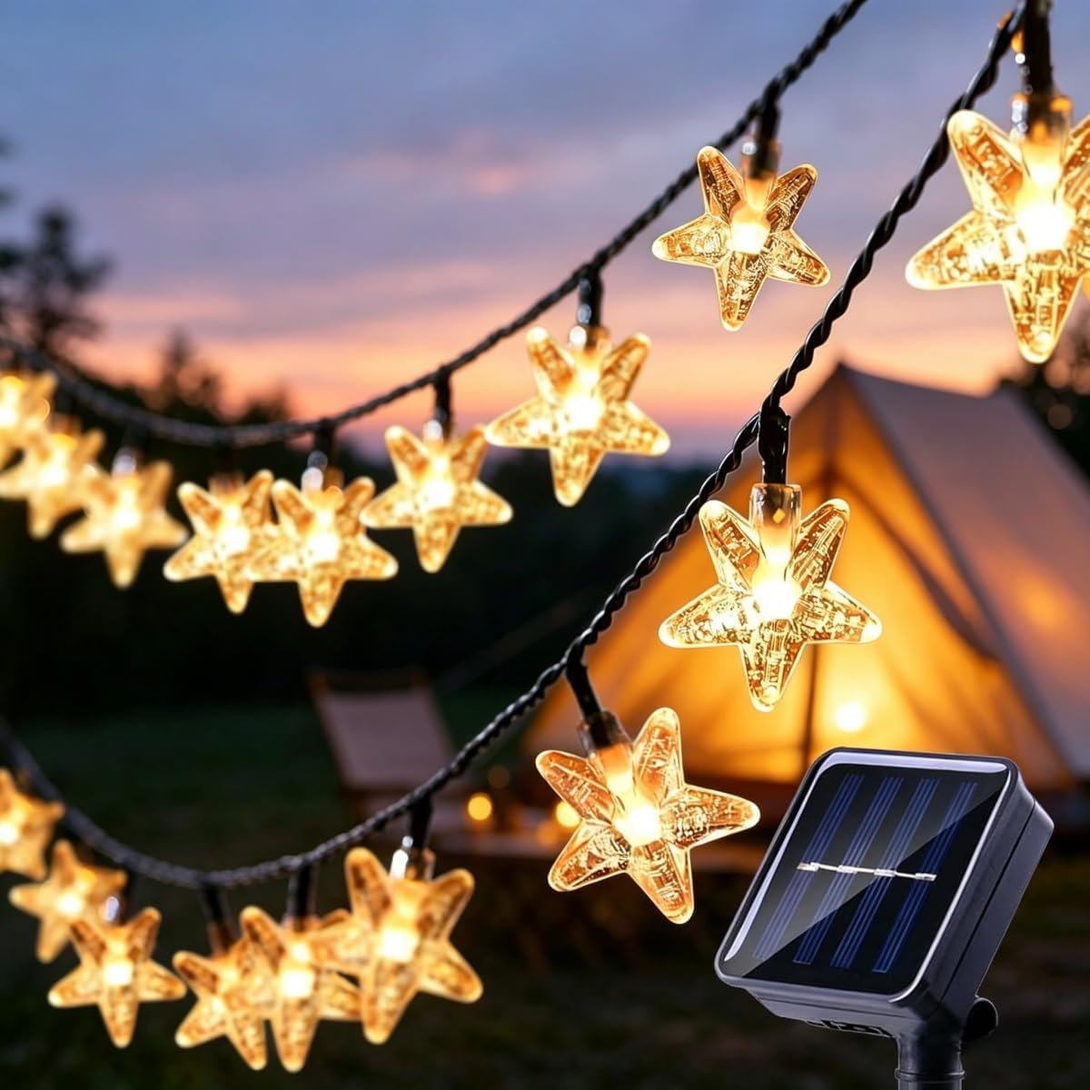 Dekoracyjne lampki solarne w kształcie gwiazdek (ciepła biel, 12 metrów, 100 diod LED).
