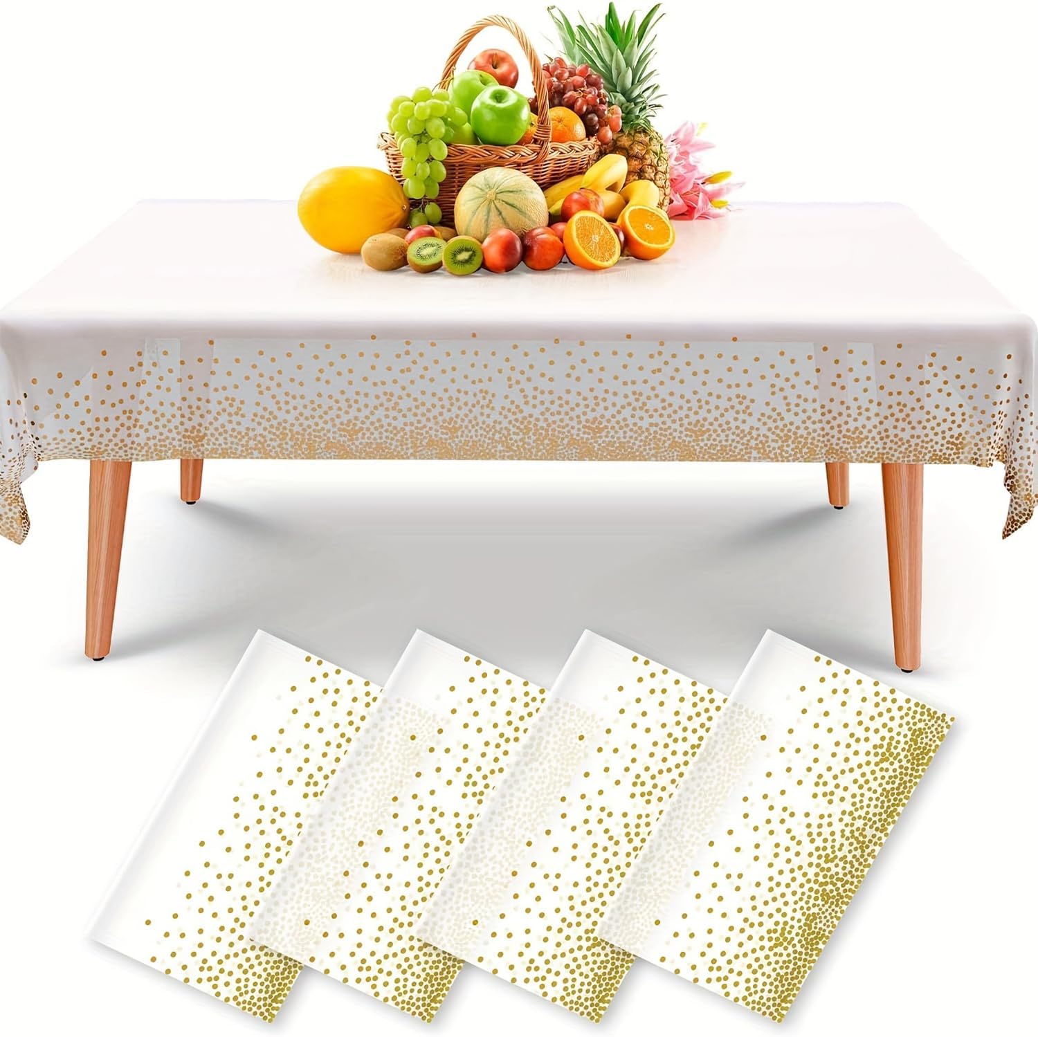 137 x 274 cm, 4-częściowe, jednorazowe obrusy, prostokątne, z białymi i złotymi kropkami, na wesela, Boże Narodzenie, przyjęcia urodzinowe, pikniki