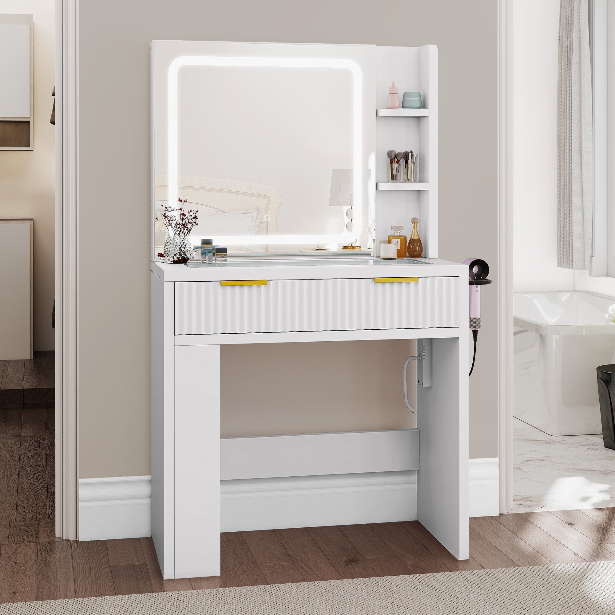 Toaletka YITAHOME z regulowanym lustrem LED, gniazdkiem EU, 2 szufladami, 115 x 40 x 134 cm, biały, styl nowoczesny