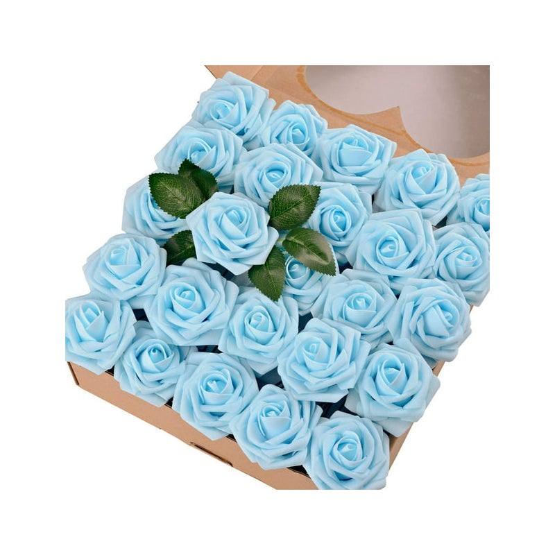 Zestaw 50 realistycznych sztucznych róż z łodygą do bukietów ślubnych, dekoracji stołu, aranżacji na przyjęcia, baby shower (50 niebieskich)