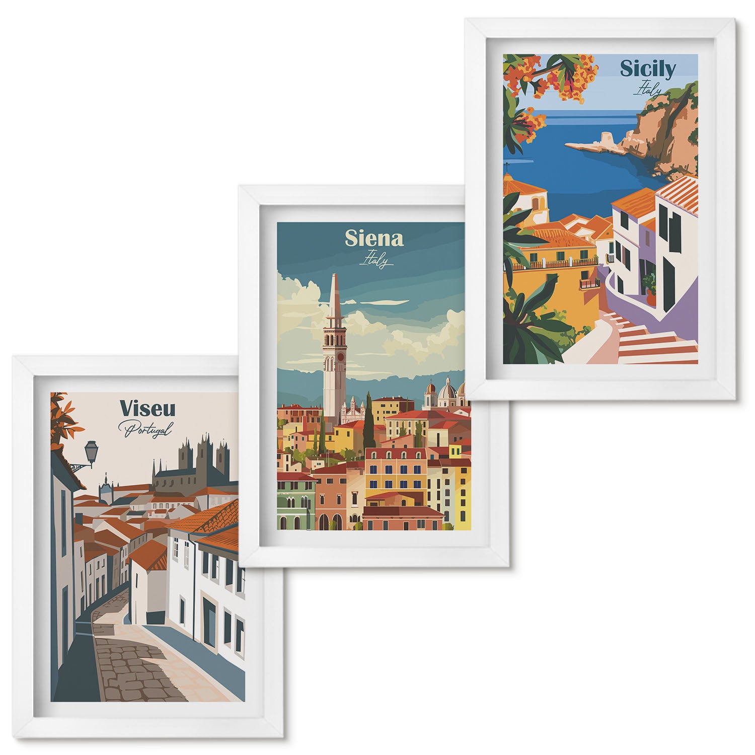 Zestaw obrazów w ramie - 3 części | Retro ilustracje znanych miast świata | Biała ramka