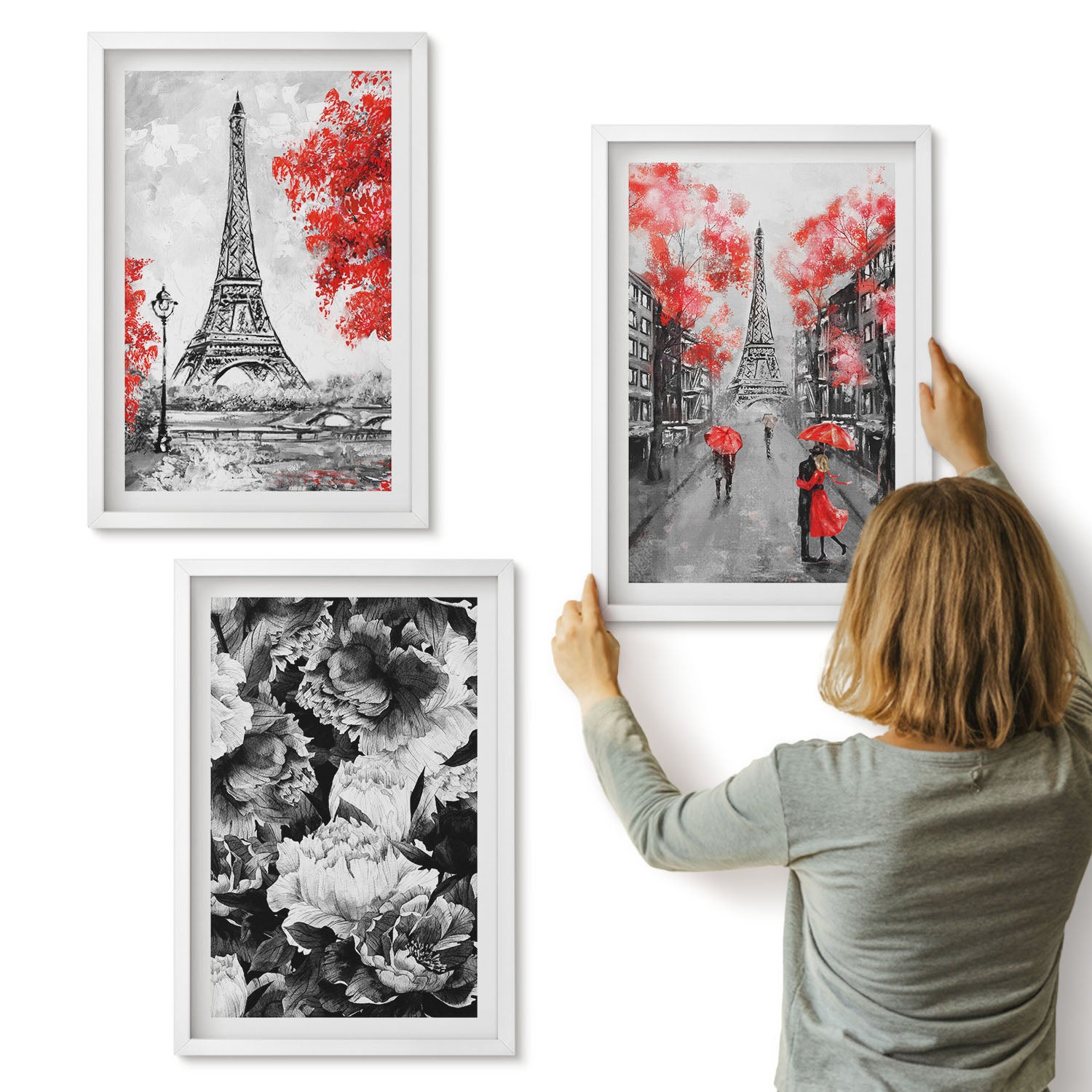 Galeria ścienna 3-częściowy komplet obrazów w białych ramach - Wieża Eiffla szare malunki z czerwonymi akcentami - ArtPrintCave