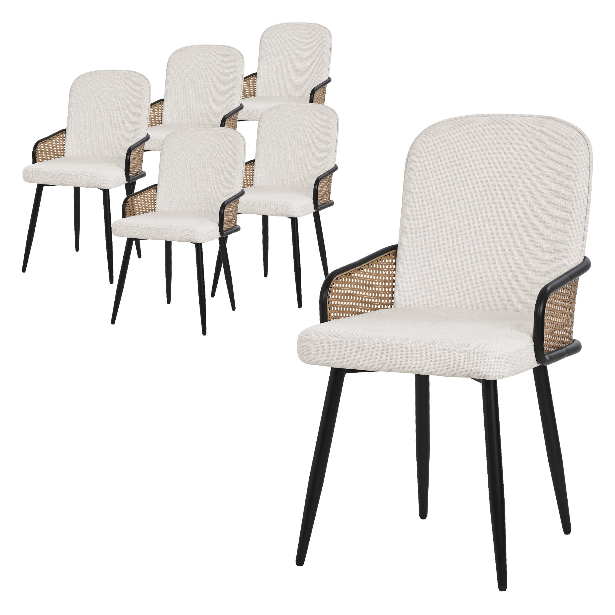 ML-Design zestaw 6 krzeseł tapicerowanych beżowy do jadalni i kuchni ergonomiczne z podłokietnikami imitacja rattanu metalowe nogi komfortowe