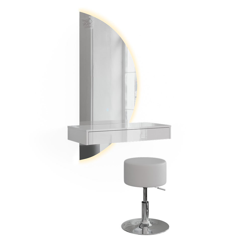 Vicco Stół do toalety Sherry, Biały wysoki połysk, 81.4 cm z lustrem LED i stołkiem, po prawej stronie
