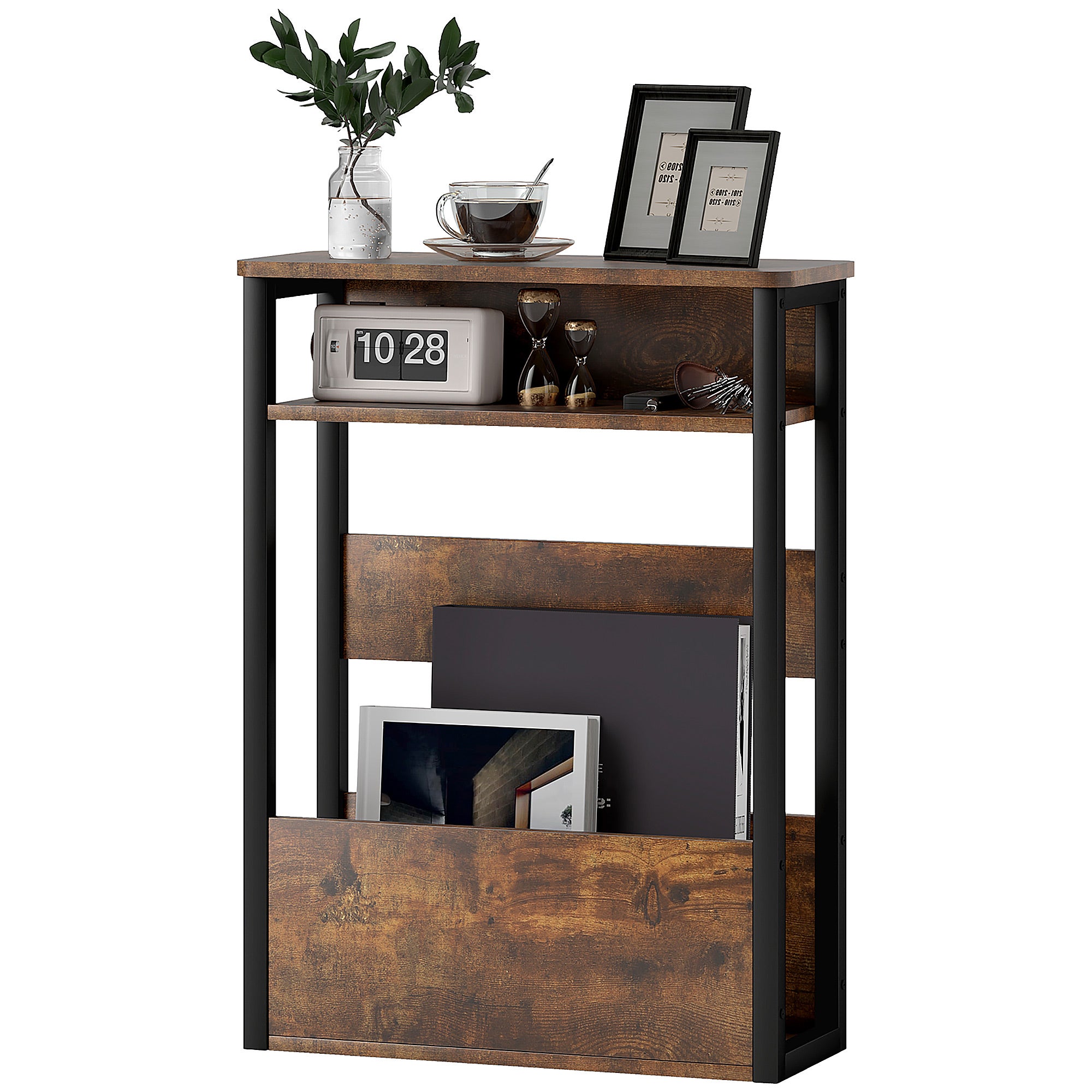 Stolik kawowy w stylu industrialnym z 2 półkami, drewno i metal, 46 x 18 x 58,5 cm, brązowy
