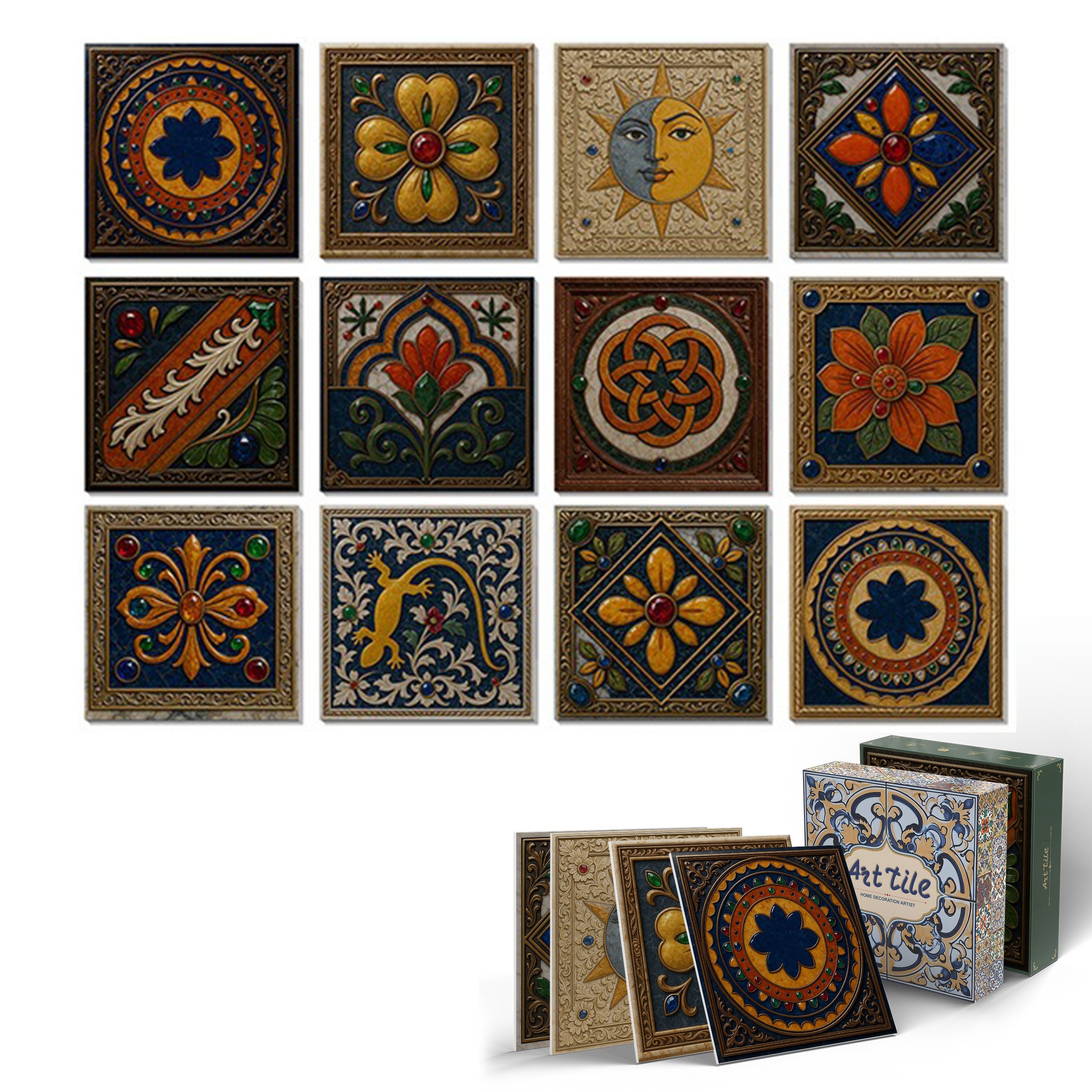 12 sztuk naklejek na kafelki ścienne 15×15 cm – Styl retro Śródziemnomorski i barokowy, wodoodporne naklejki z słońcem i księżycem(C)