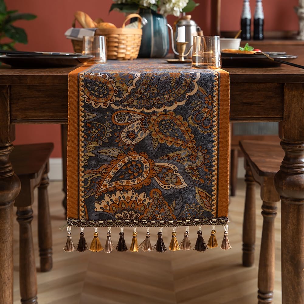 Luksusowe, kolorowe obrusy w stylu vintage, obrusy żakardowe haftowane z frędzlami, eleganckie obrusy dekoracyjne. 35*180cm
