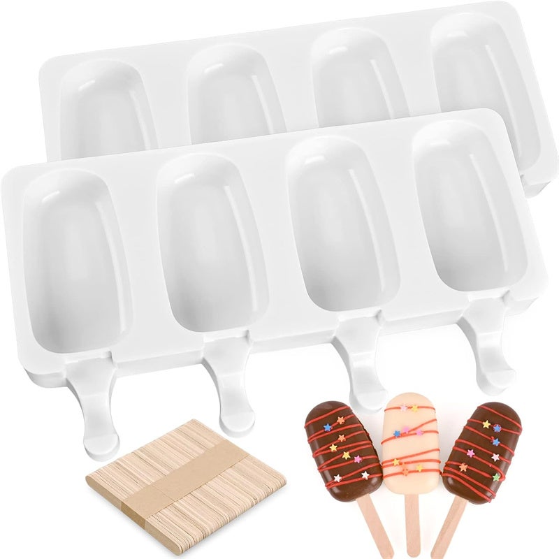 Zestaw 2 silikonowych foremek do lodów ze 100 drewnianymi patyczkami, owalne foremki do lodów z 4 wgłębieniami na lód wodny i cake pops.
