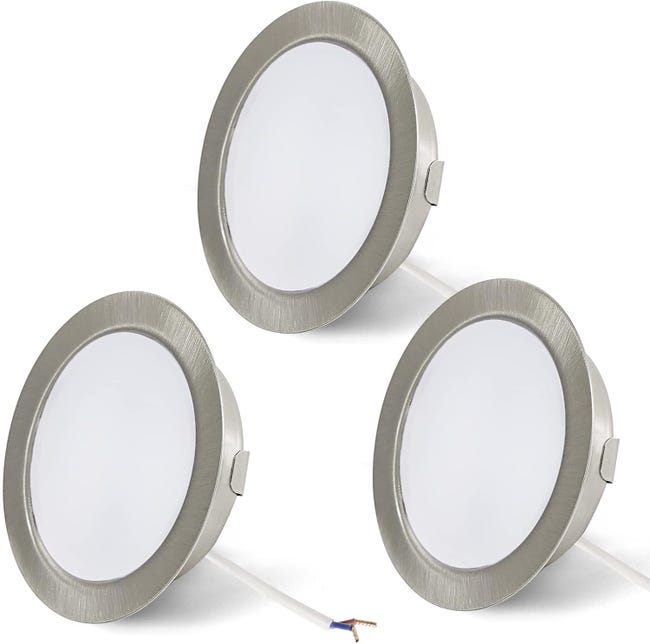 Zestaw 3 lampek meblowych 12 V 2,5 W, wpuszczane reflektorki do mebli płaskich, dioda LED G4, ciepła biel 3000 K, szczotkowany nikiel