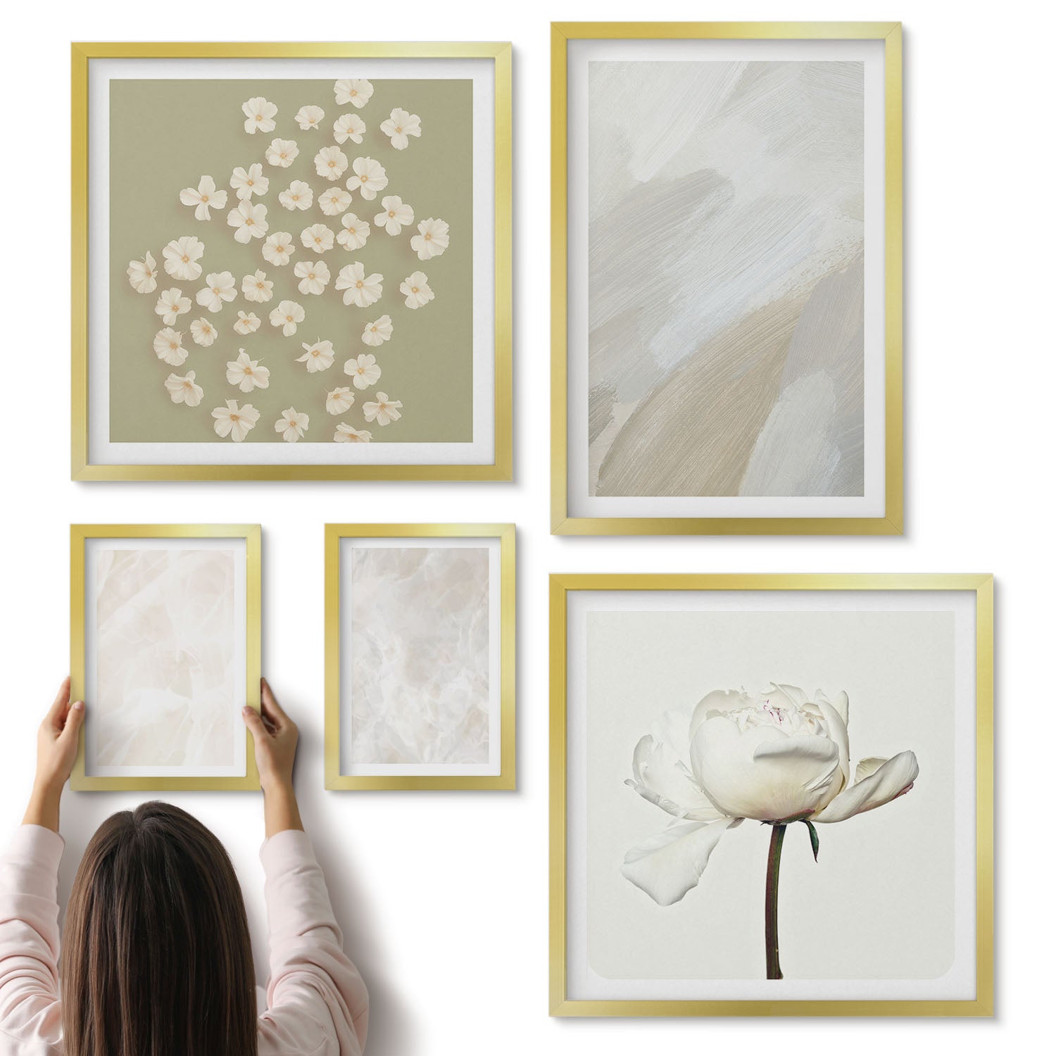 Galeria ścienna 5-częściowy komplet obrazów w złotych ramach - Kwiaty i modne tekstury delikatny styl boho - ArtPrintCave