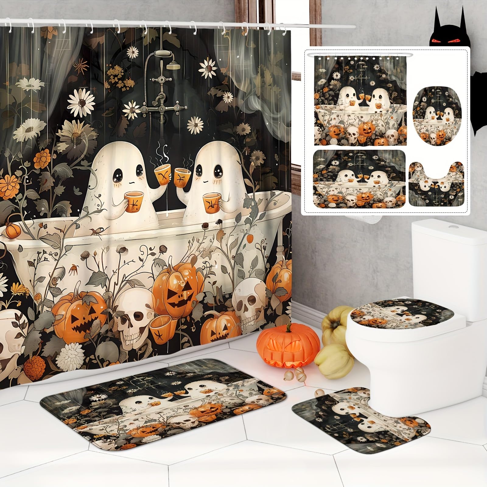 Czteroczęściowy zestaw zasłon prysznicowych na Halloween z matą antypoślizgową, nakładką na sedes i wycieraczką, z 12 haczykami, 180*180 cm
