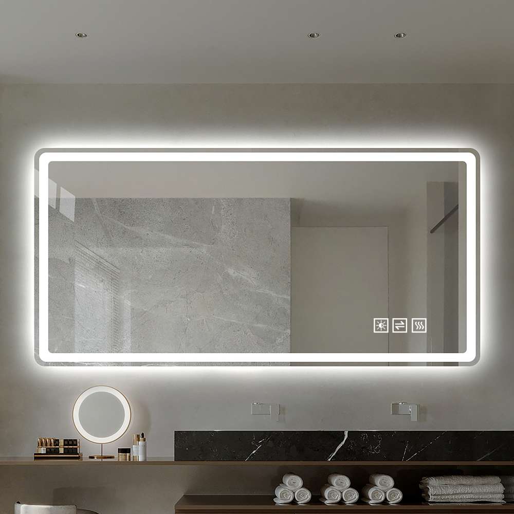 Lustro bezramowe LED 60x100cm, matowa krawędź, przód/tył, powłoka przeciwmgielna, 3 kolory, ściemnialne, pamięć, IP44