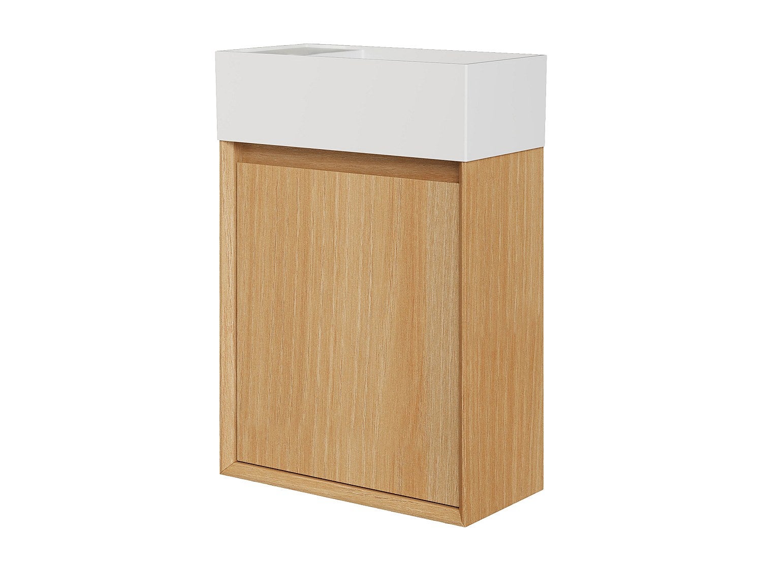 Wisząca szafka z umywalką do łazienki, umywalka z żywicy w kolorze białym mat – Jasny naturalny – 40 x 25,5 x 57 cm – SOREL