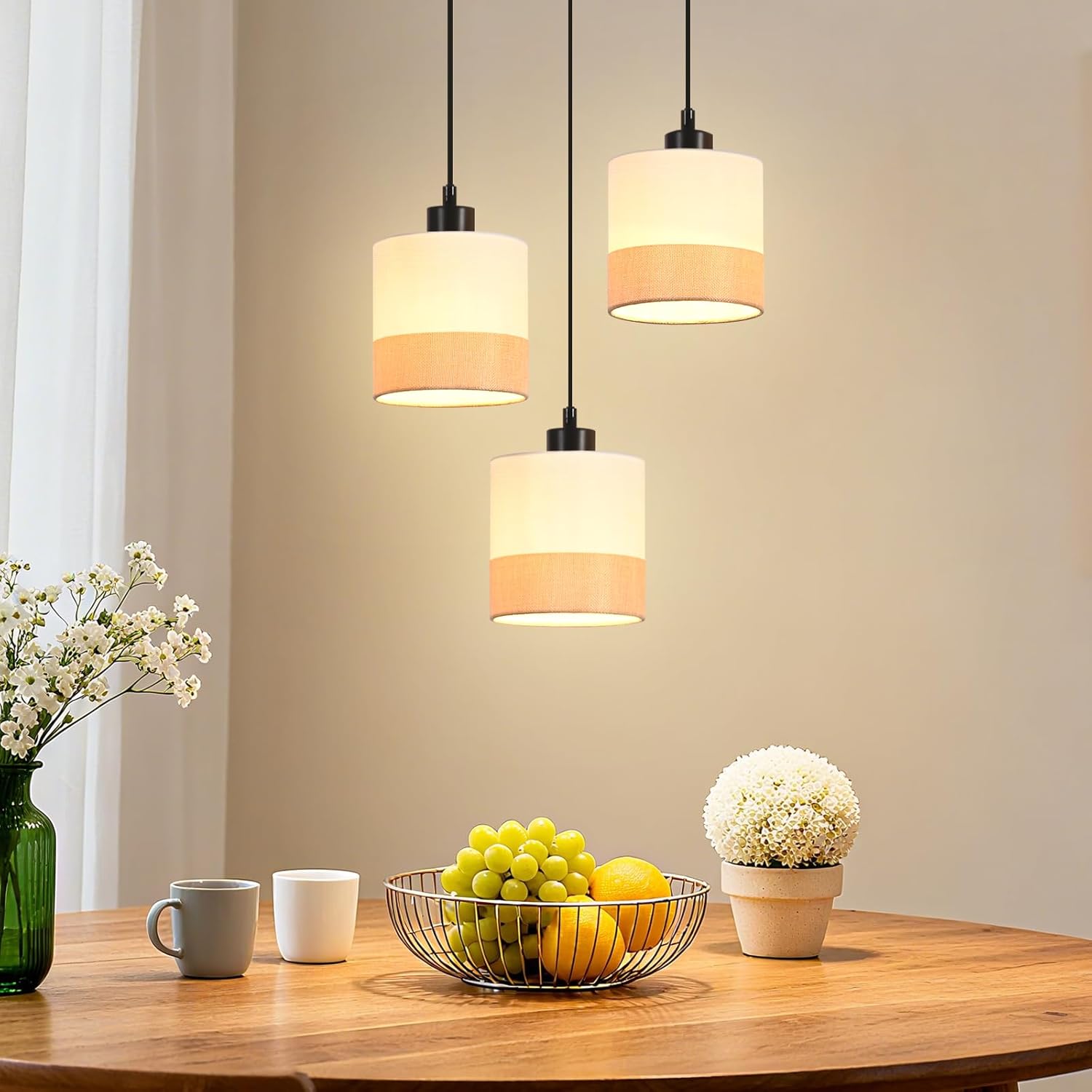 Lampa wisząca Nettlife Vintage na stół jadalny – 3-punktowa lampa wisząca z białym kloszem z tkaniny, gniazdo E27, retro (żarówki nie są dołączone)