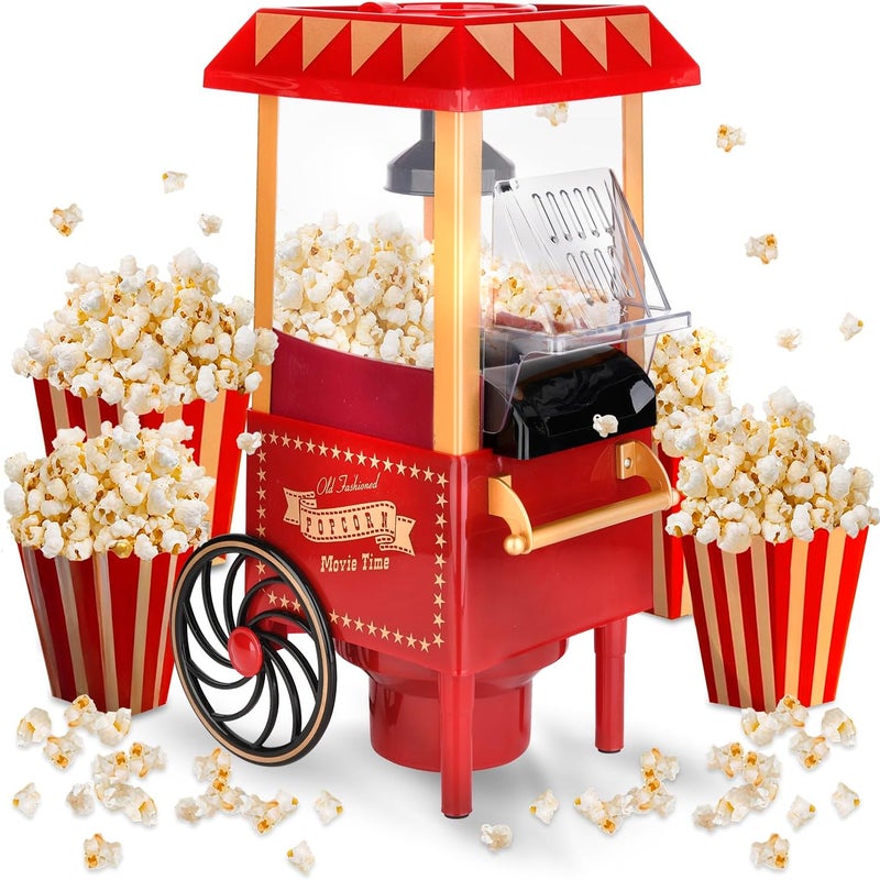 Maszyna do popcornu na gorące powietrze w stylu retro o mocy 1200 W – bezolejowa elektryczna maszyna do popcornu (czerwona), gotowa w 2 minuty, kompak