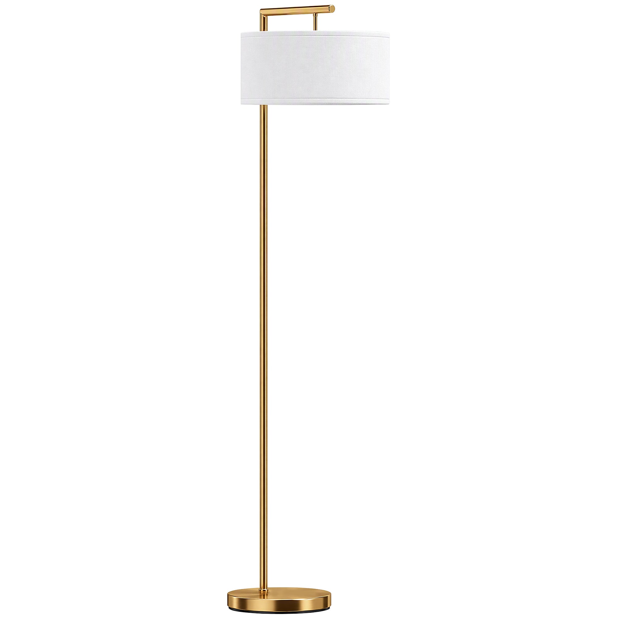Lampa podłogowa, oprawka E27, wykończenie w kolorze złotym, klosz z białej tkaniny, przełącznik nożny, stal, 47 x 37 x 153 cm