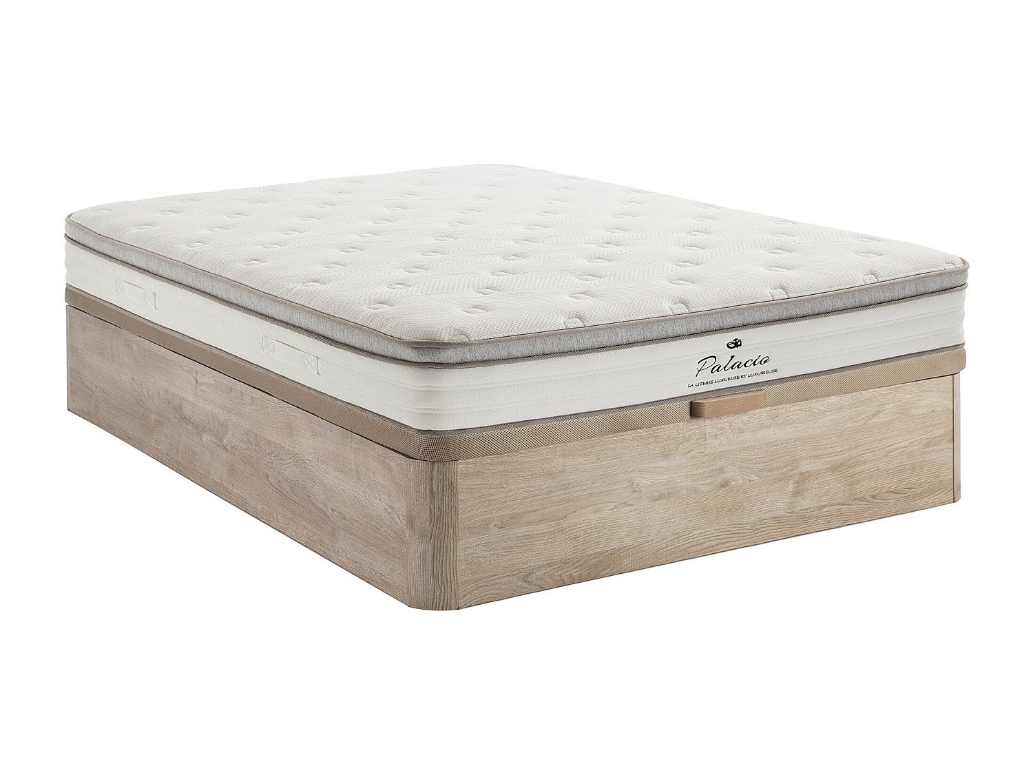 Zestaw 140 x 190 cm łóżko ze skrzynią jasny naturalny + materac z kieszeniowymi sprężynami 7 stref z warstwą TPE gr.28cm - ONEBIA de PALACIO