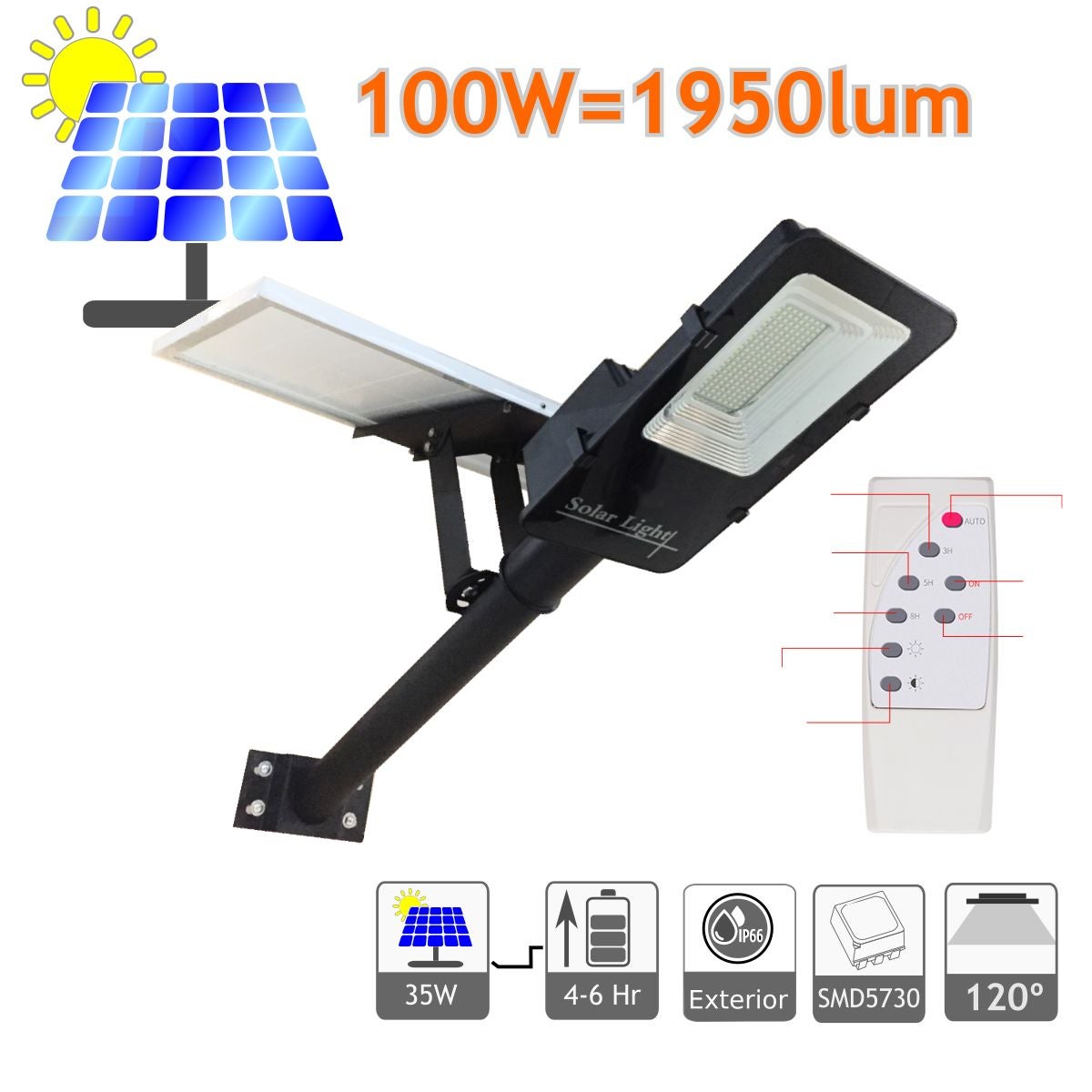 Solar LED Streetlight 100W Outdoor IP65, 120 diod LED, 2000 lumenów 6000K Cool White, akumulator litowo-jonowy, zdalne sterowanie