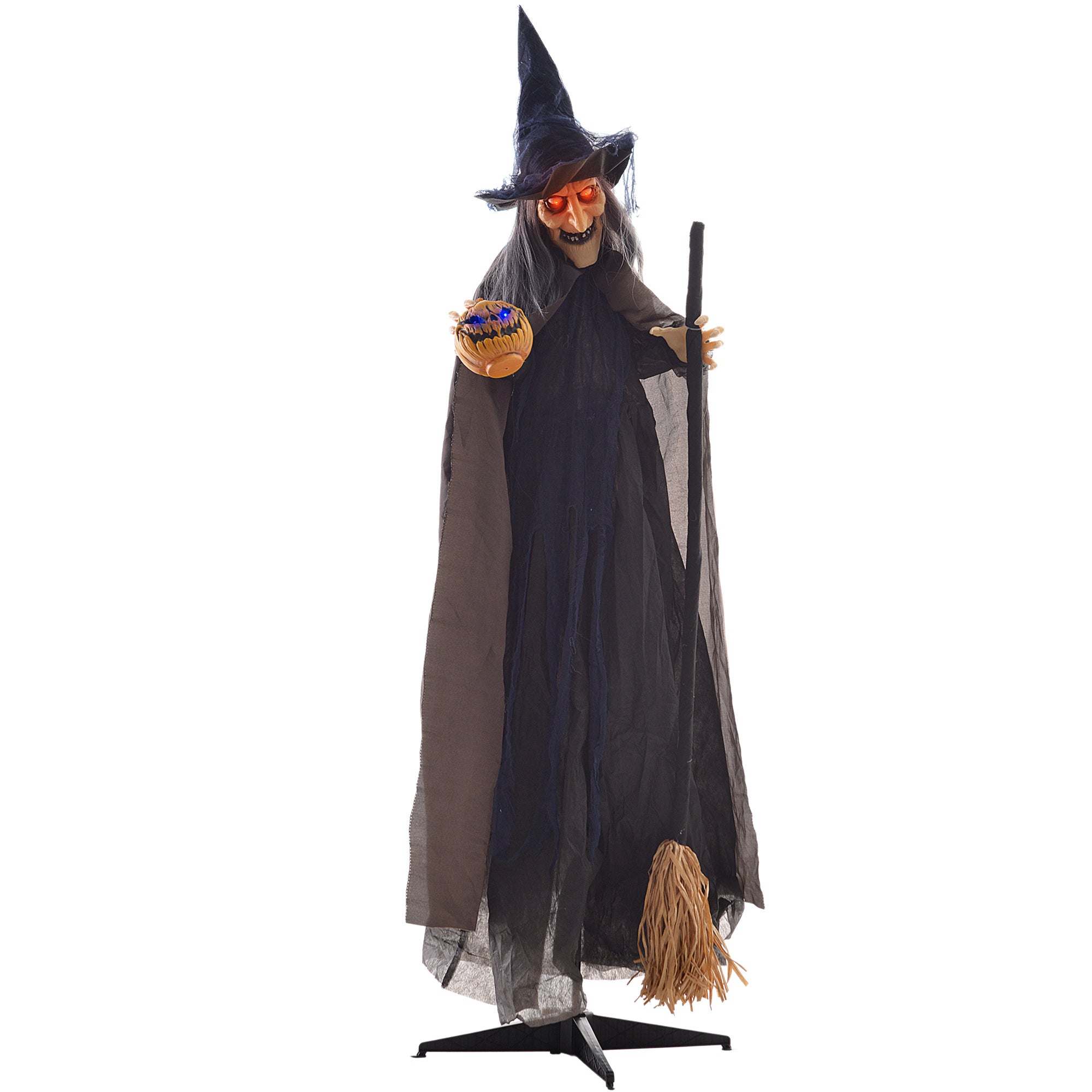 Dekoracja na Halloween: czarownica z miotłą, świecące oczy, straszne dźwięki, ruchome ramiona, 107 x 65 x 190 cm